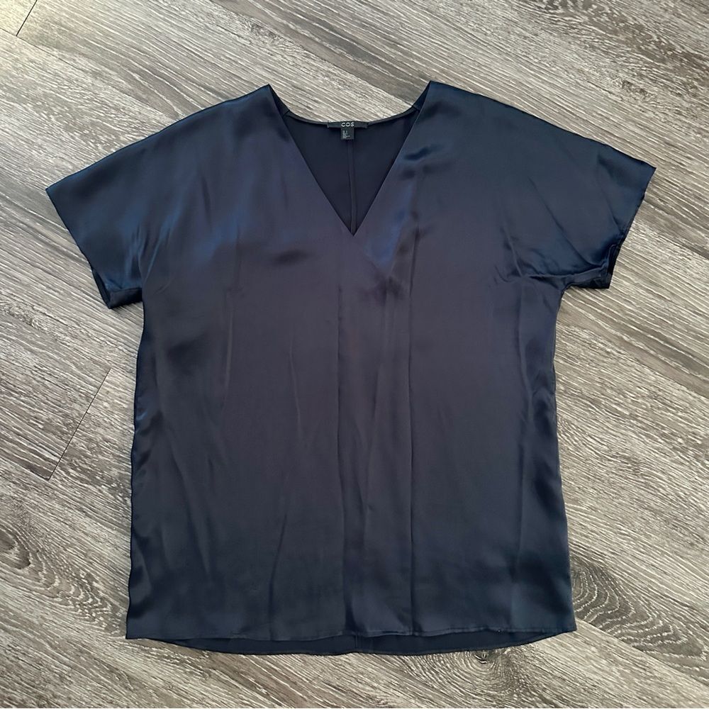 COS 100% silk navy v neck top